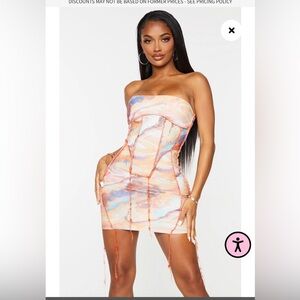 PRETTY LITTLE THING SHAPE MULTI MARBLE PRINT OVERLOCK SEAM CORSET BODYCON DRESS